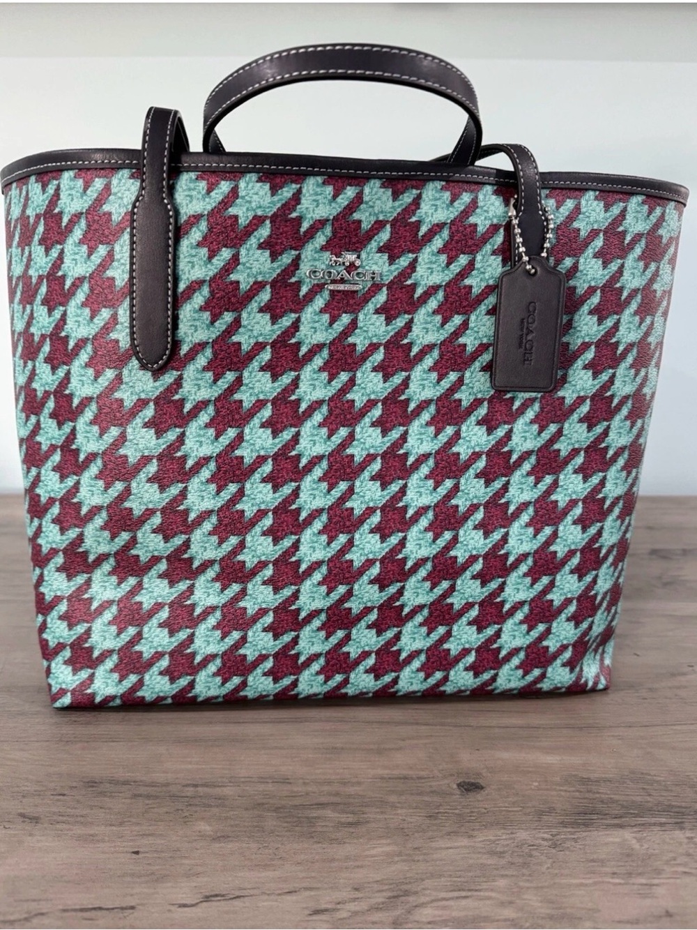 Coach City Tote Bag Houndstooth Print Teal & Purple Wine Silver Hardware CJ626